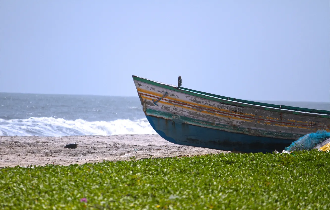 Фото обои пляж, трава, берег, лодка, корма