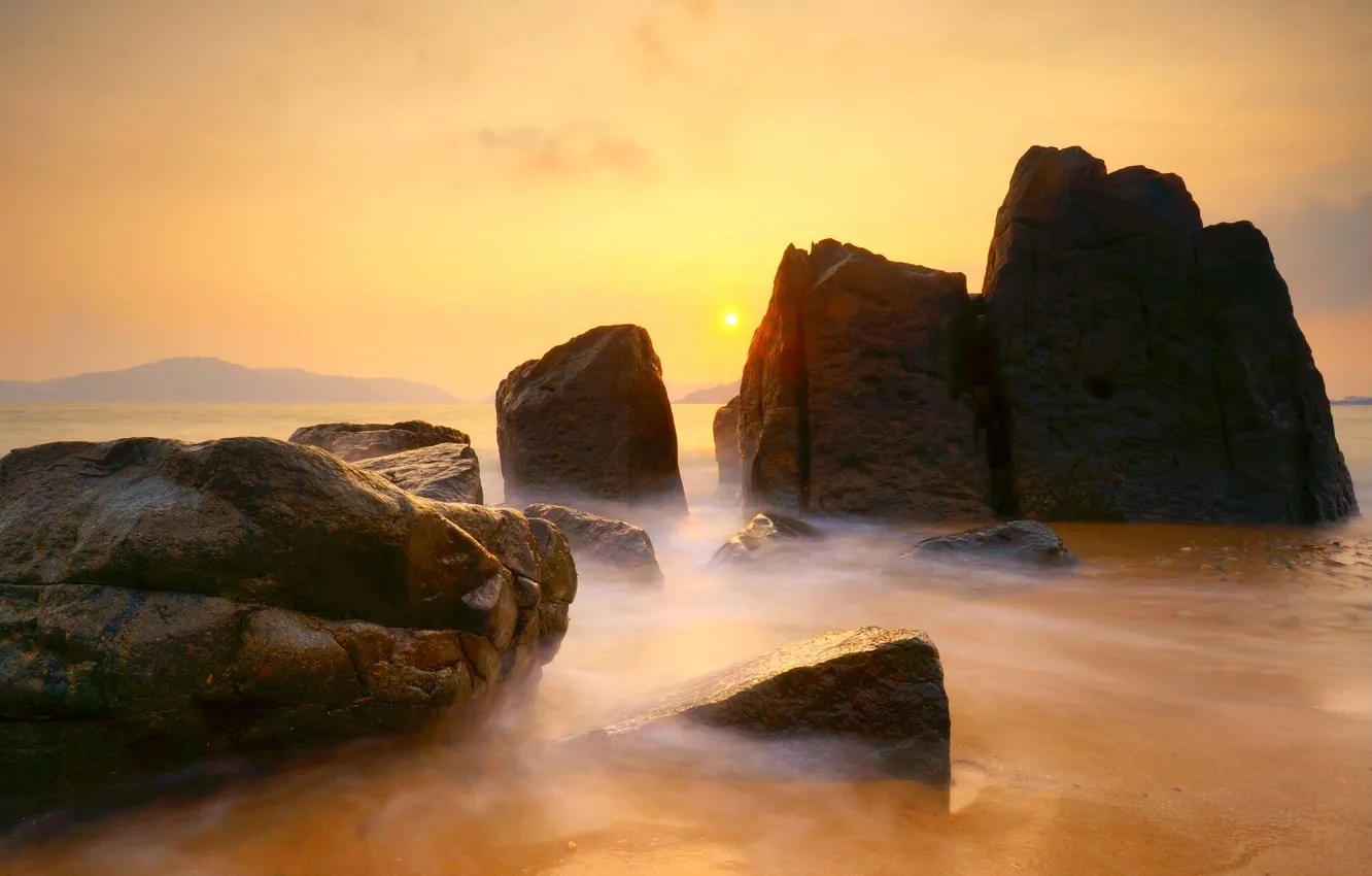 Фото обои камни, океан, скалы, рассвет, берег