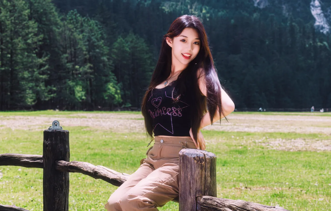 Фото обои Beautiful, Asian, Model, Smile, Woman, Trees, Pretty, Sunny