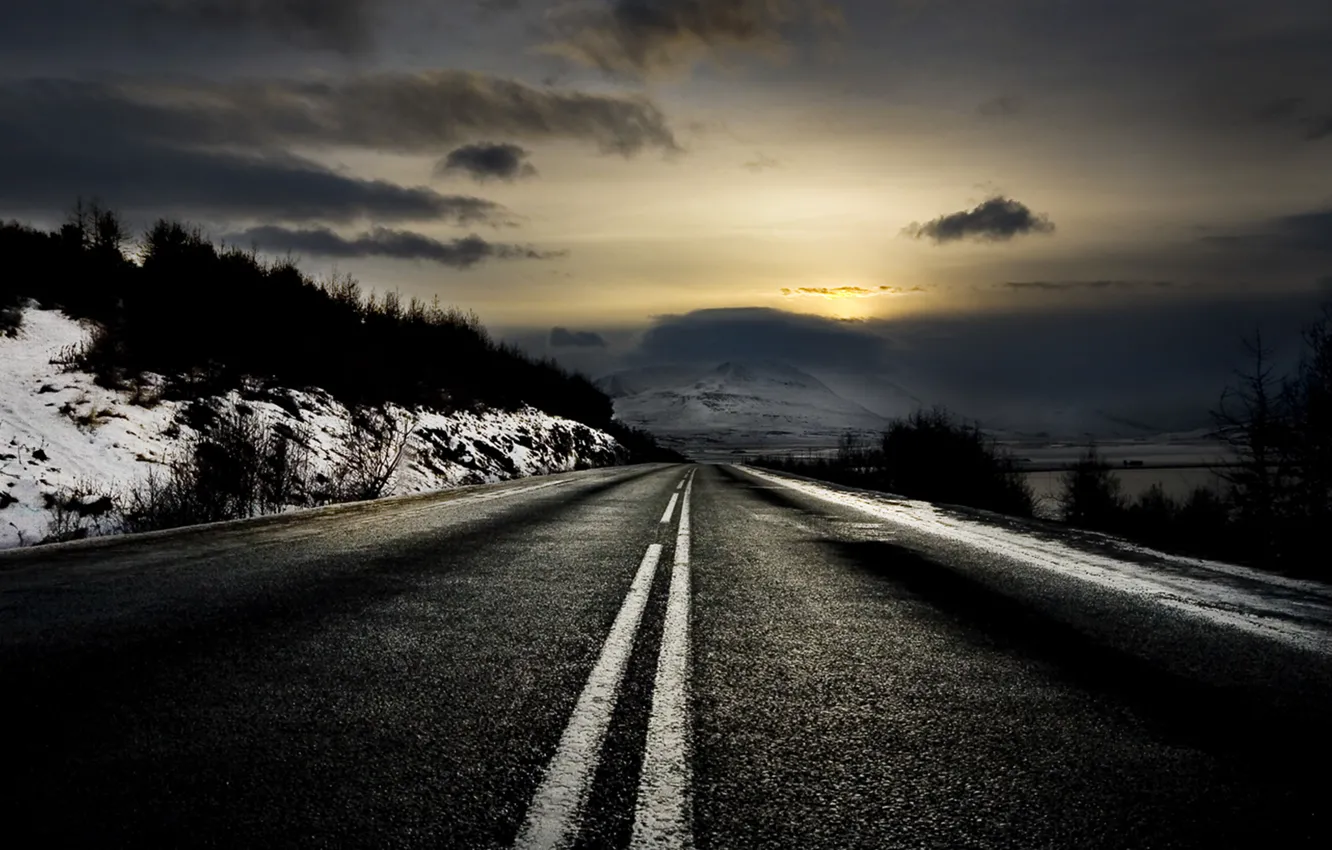 Фото обои зима, дорога, рассвет