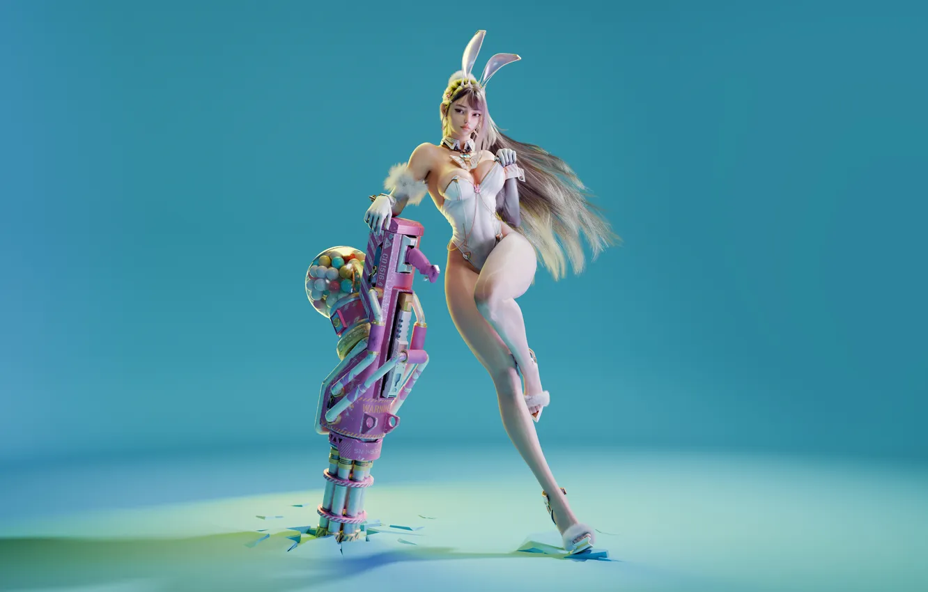Фото обои colorful, gun, CGI, bunny girl, skimpy clothes, Lou LL
