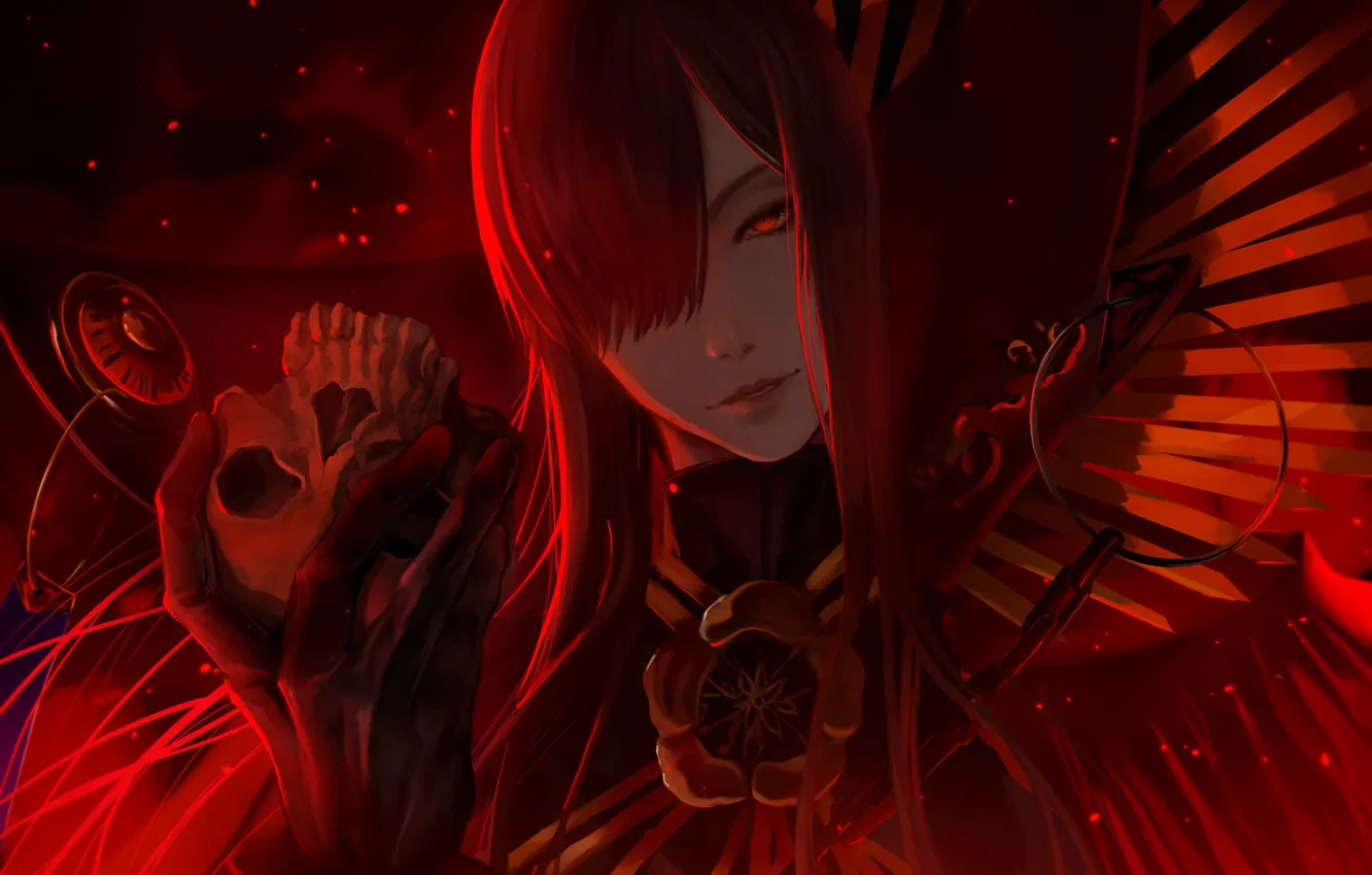 Фото обои девушка, череп, искры, Fate / Grand Order, Majin Archer, Maou Nobunaga