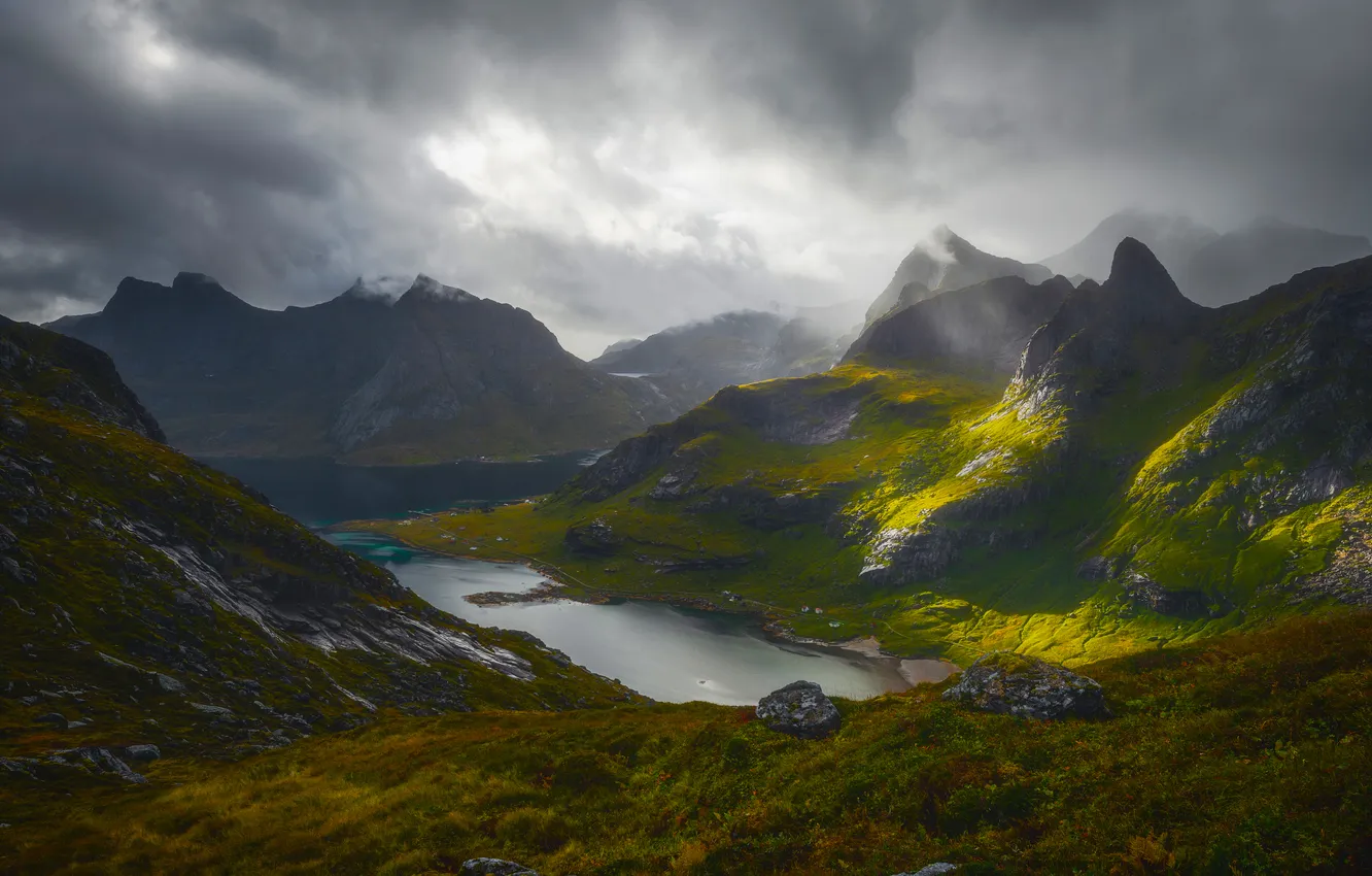 Фото обои sky, mountains, clouds, houses, Norway, fjord, Reine, Lofoten