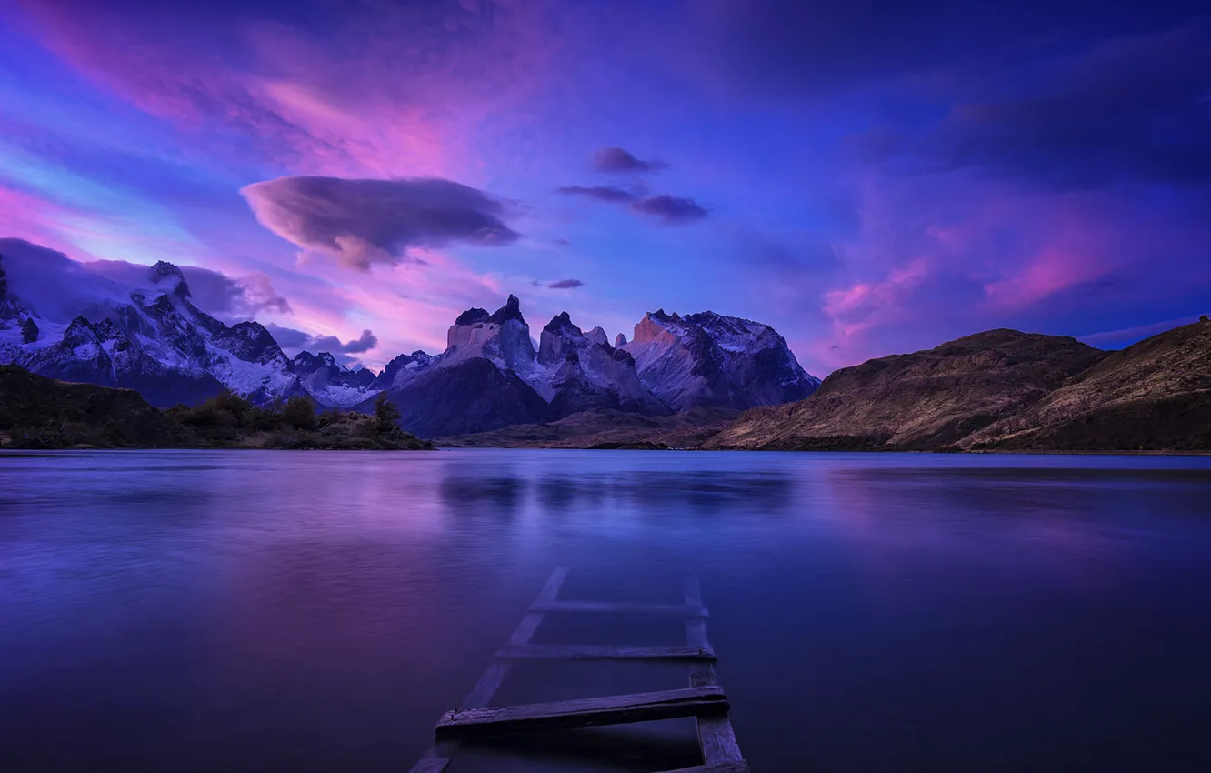 Фото обои Sky, Purple, Landscape, Water, Mountain, Torres, Panoramic, Patagonia