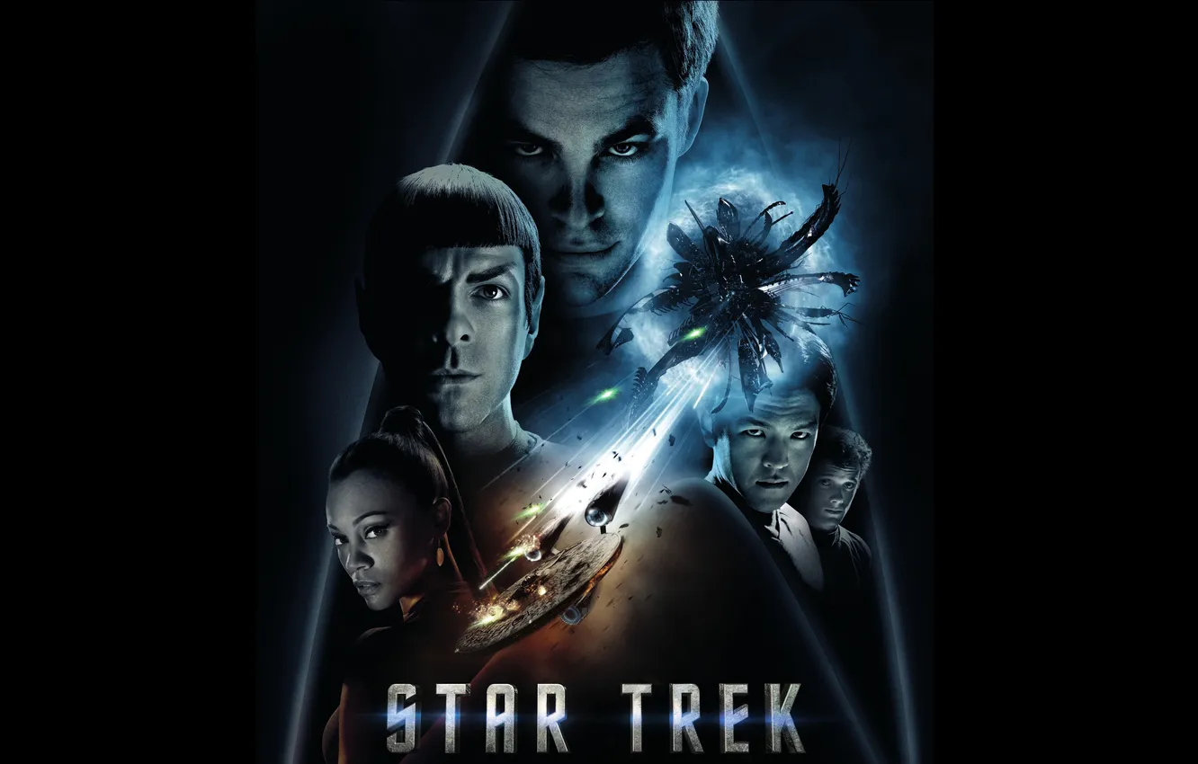 Фото обои фантастика, черный фон, Звездный путь, Star Trek, постер, Крис Пайн, Зои Салдана, космические корабли