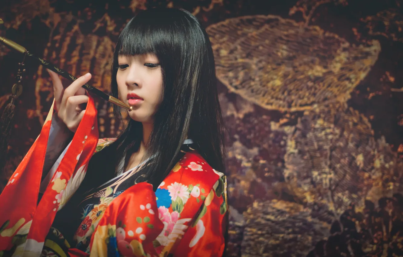 Фото обои девушка, стиль, японка, кимоно, азиатка, курительная трубка, кисеру