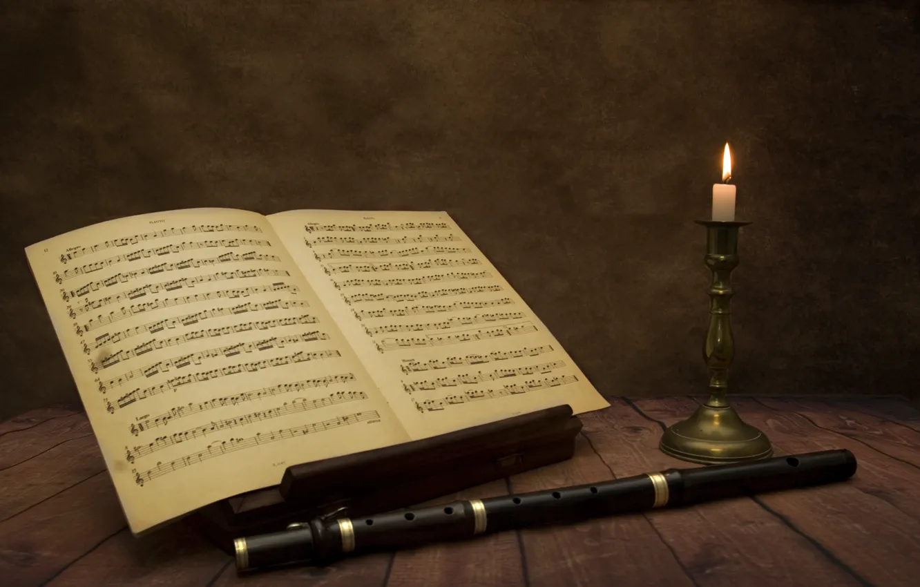 Фото обои ноты, музыка, свечи, флейта