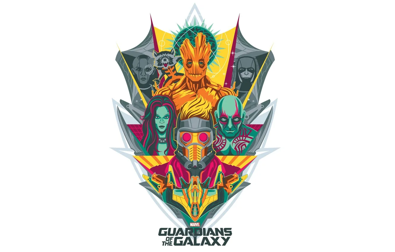 Фото обои арт, эмблема, marvel, Rocket, Star-Lord, Guardians of the Galaxy, Gamora, Groot