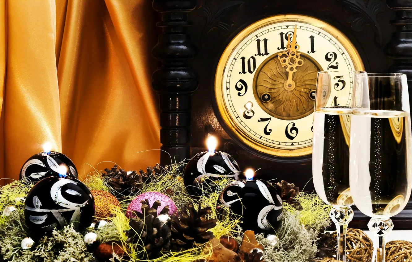 Фото обои Часы, Новый год, Украшения, Праздник, Игрушки, Гирлянда