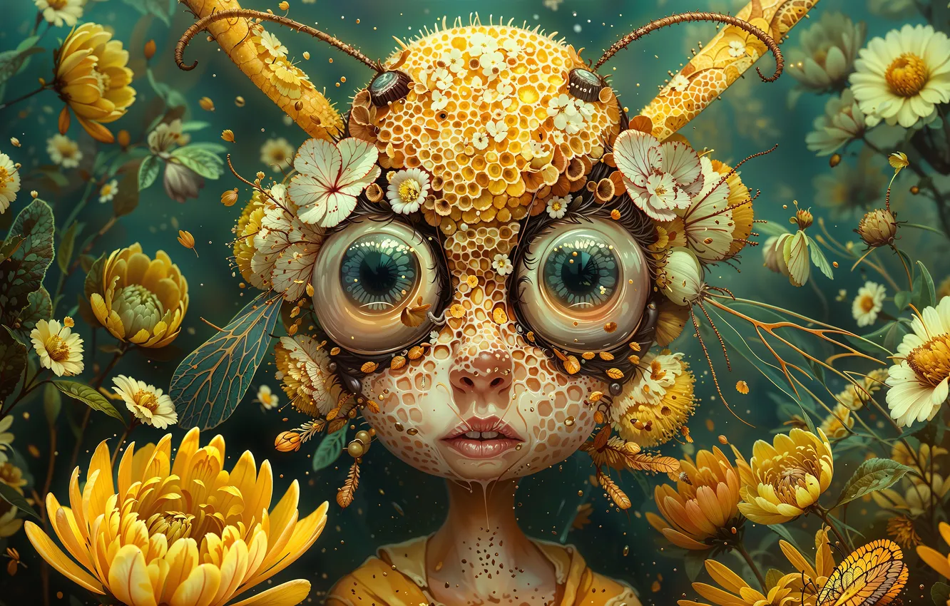 Фото обои глаза, взгляд, цветы, существо, Сверхъестественные Существа, Причудливый страж среди цветов