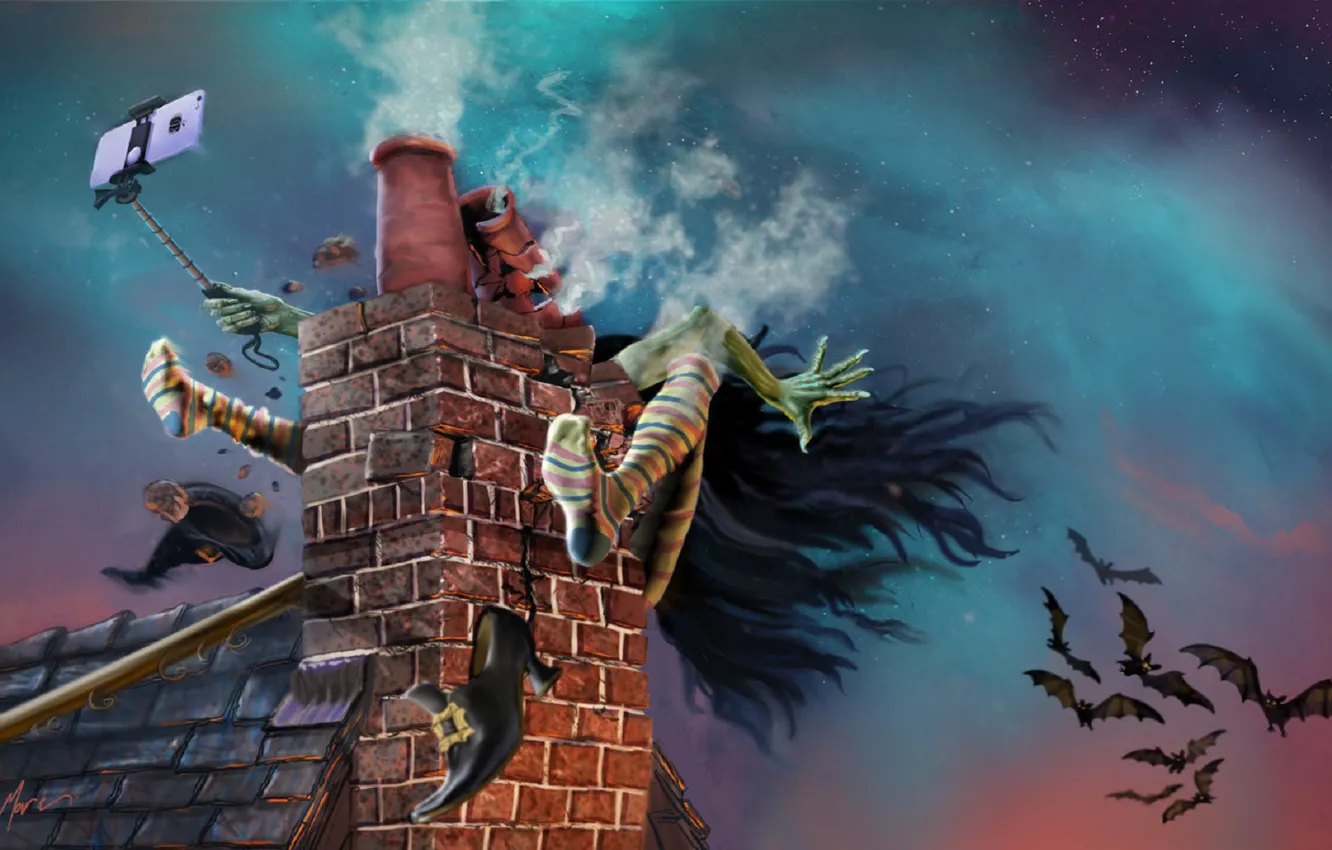 Фото обои авария, труба, Halloween, летучие мыши, на крыше, witch, селфи, полосатые чулки