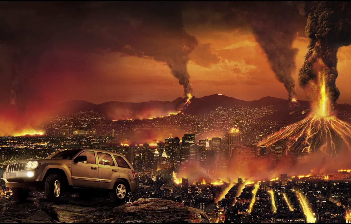 Фото обои город, огонь, апокалипсис, здания, разрушения, джип, вулканы, автомобиль