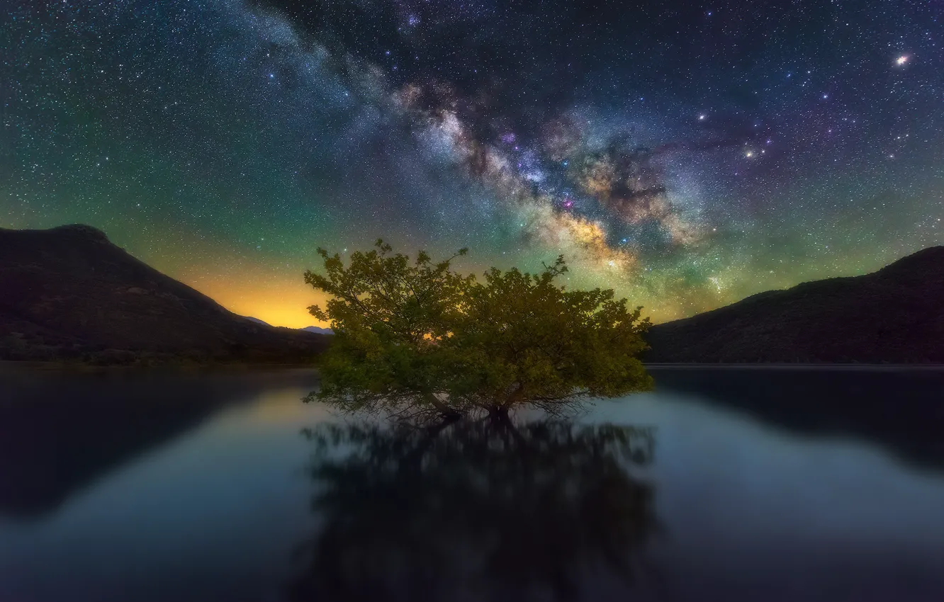 Фото обои небо, звезды, горы, ночь, озеро, дерево, млечный путь