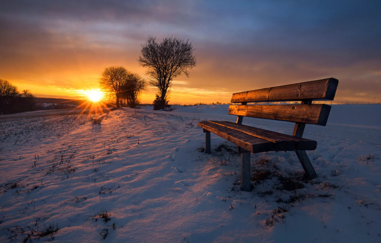 Фото обои зима, закат, скамья