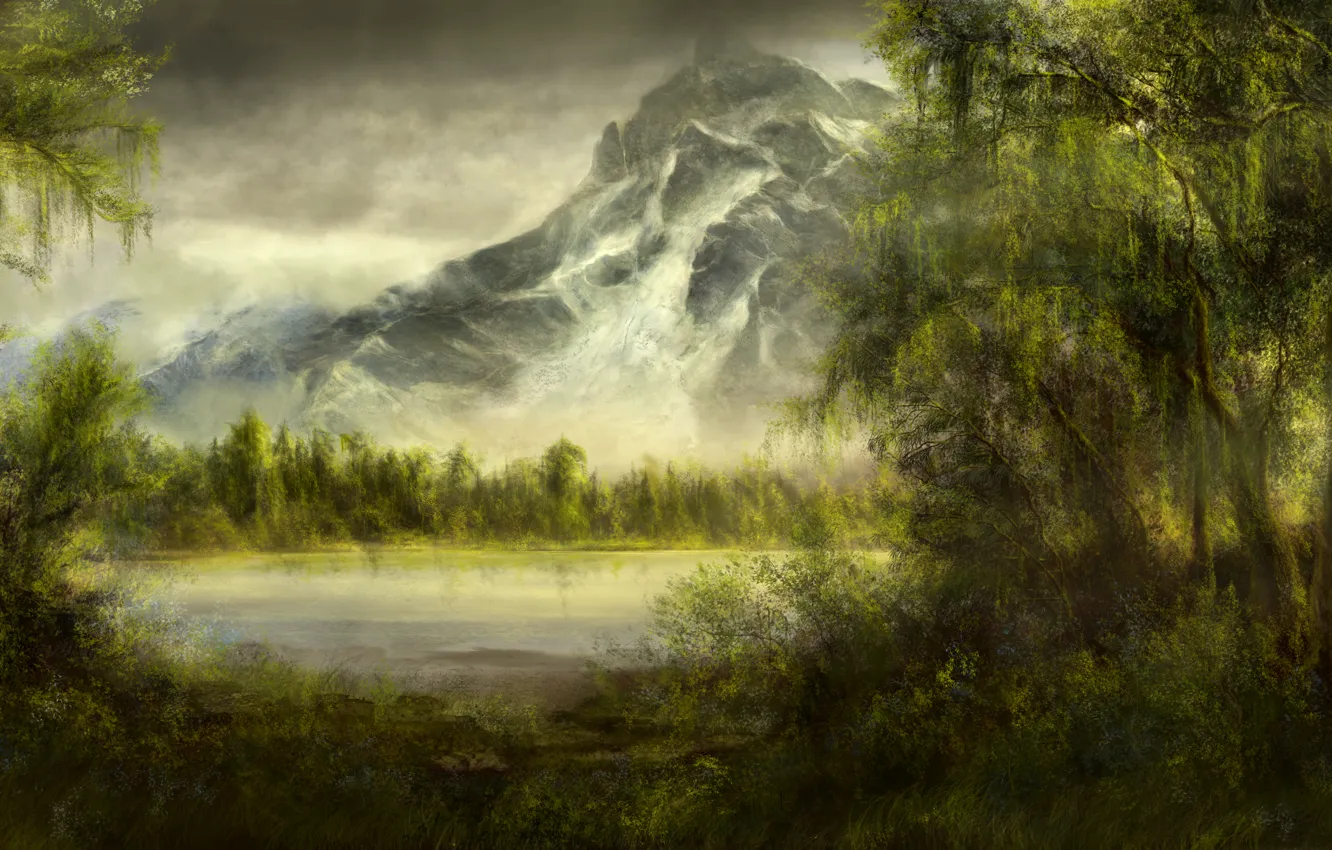 Фото обои лес, деревья, озеро, пруд, гора, арт, ивы