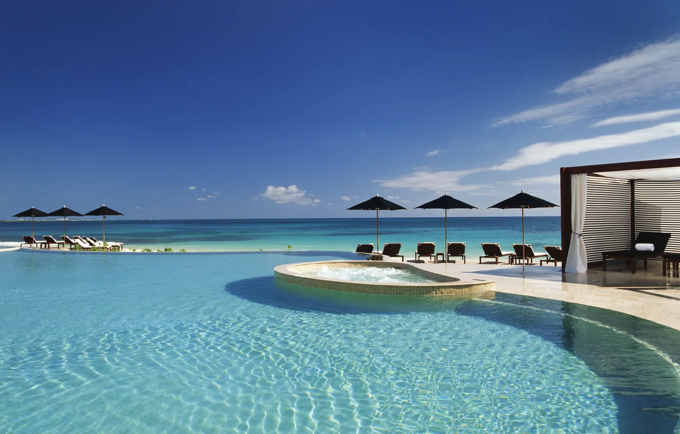Фото обои пляж, океан, отдых, вид, бассейн, горизонт, relax, Mexico