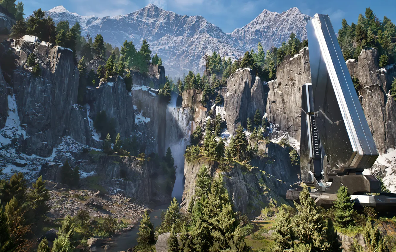 Фото обои лес, горы, природа, река, фантастика, игра, водопад, Halo Infinite