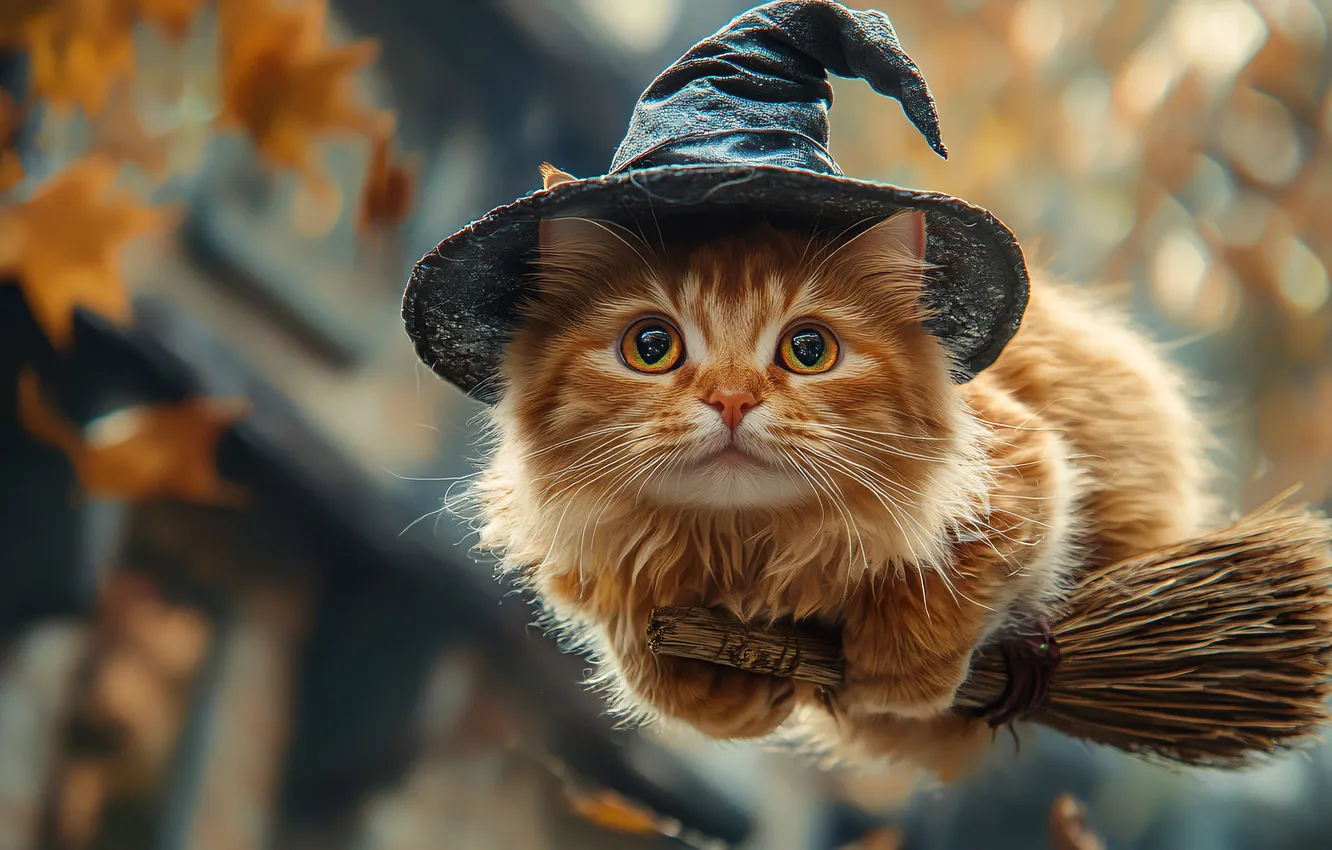 Фото обои кошка, кот, взгляд, поза, котенок, рыжий, Хэллоуин, ведьма