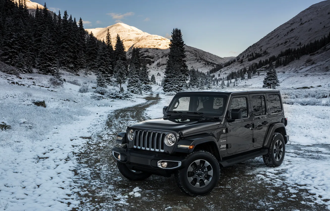 Фото обои снег, деревья, горы, 2018, Jeep, тёмно-серый, Wrangler Sahara