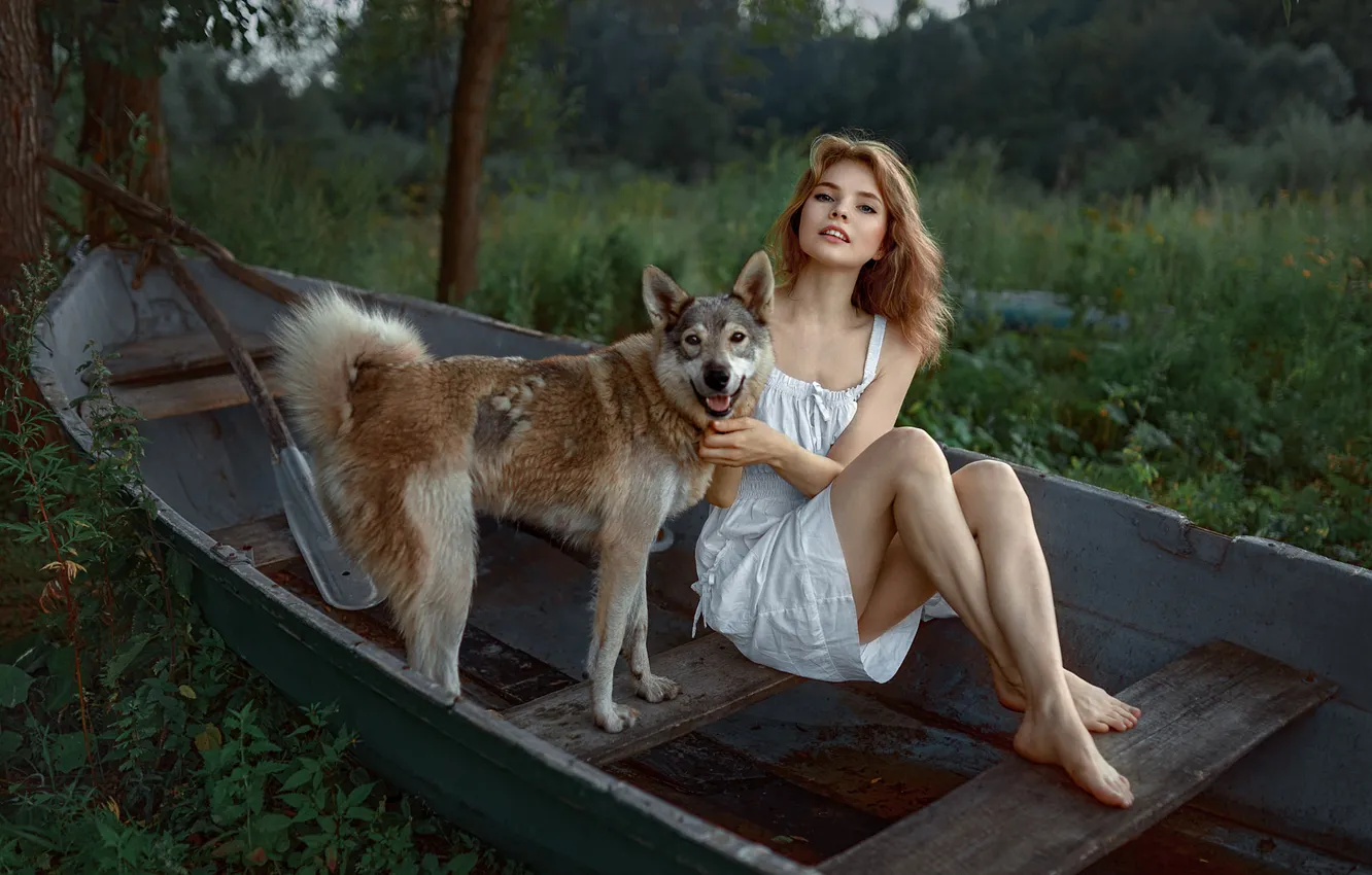 Фото обои forest, dog, redhead, thighs, looking at viewer, rowboat, Andrey Metelkov, Natalya Nikitina
