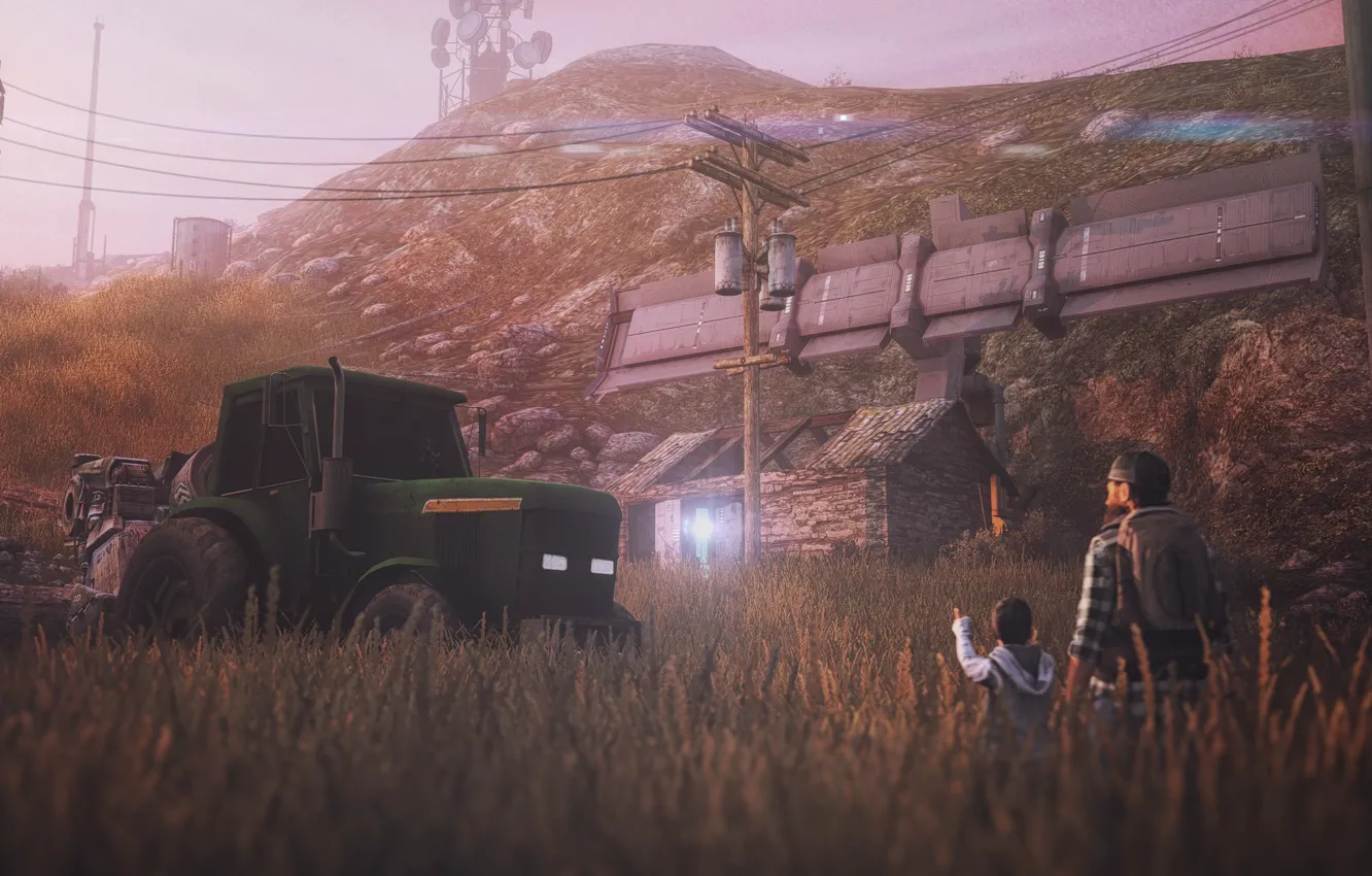 Фото обои поле, дома, трактор, фермер