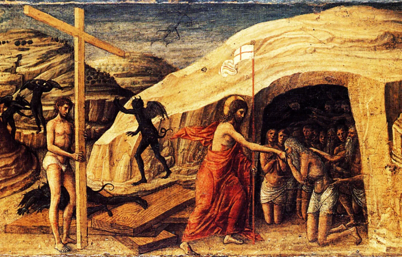 Фото обои 1455, peinture sur bois, Andrea_Mantegna, Padoue, Jacopo Bellini, La Descente, Aux Limbes