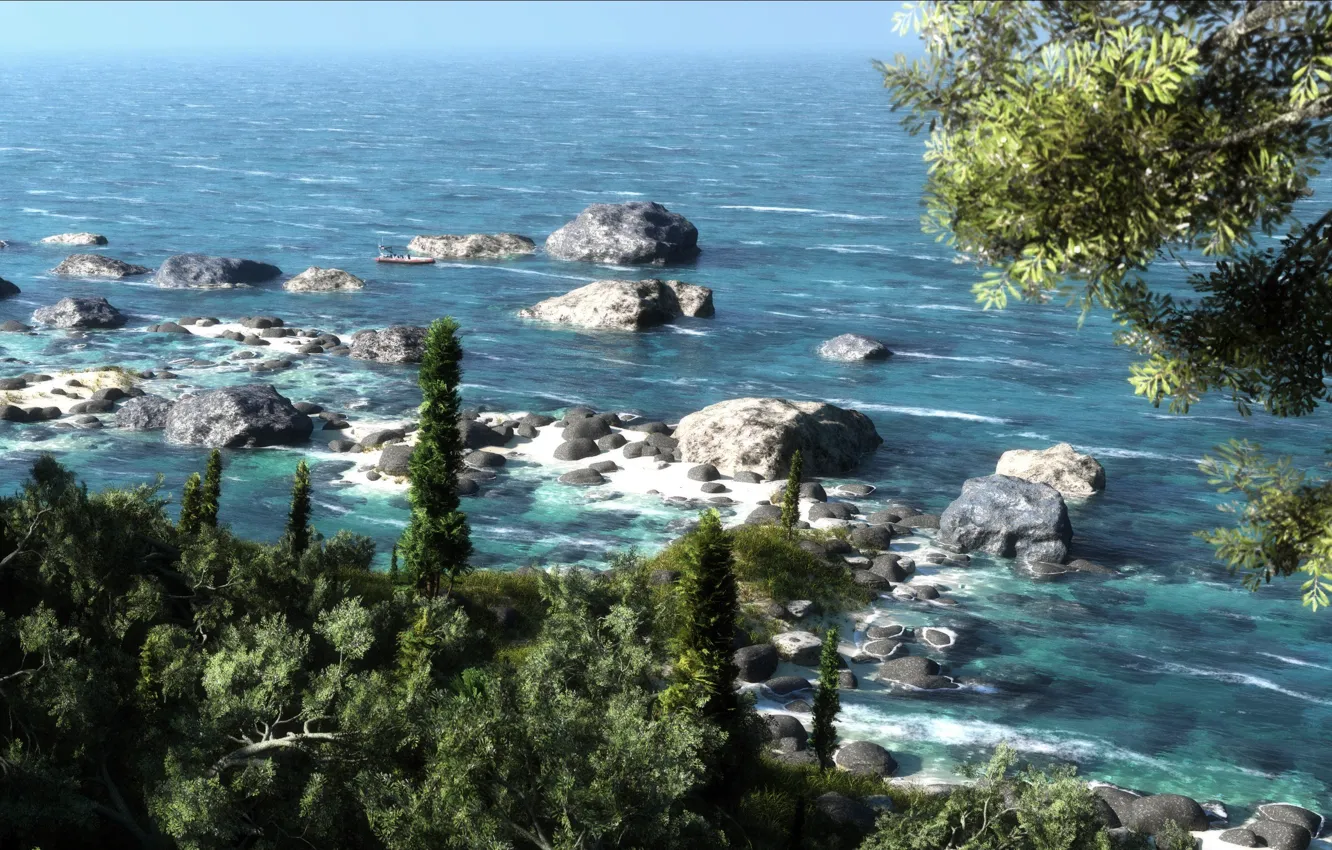 Фото обои море, зелень, деревья, пейзаж, камни, арт, солнечно, klontak