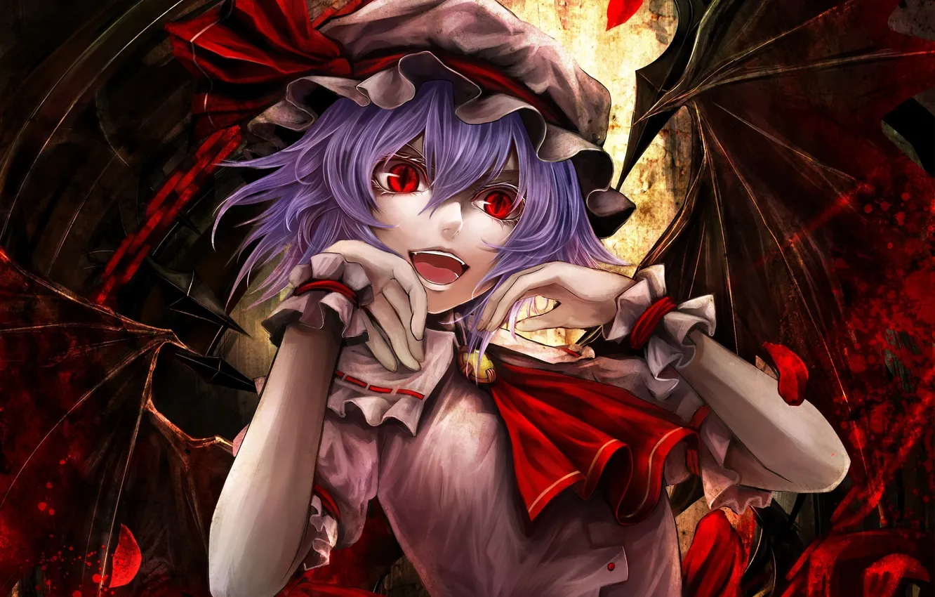 Фото обои девушка, крылья, демон, арт, красные глаза, чепчик, touhou, remilia scarlet