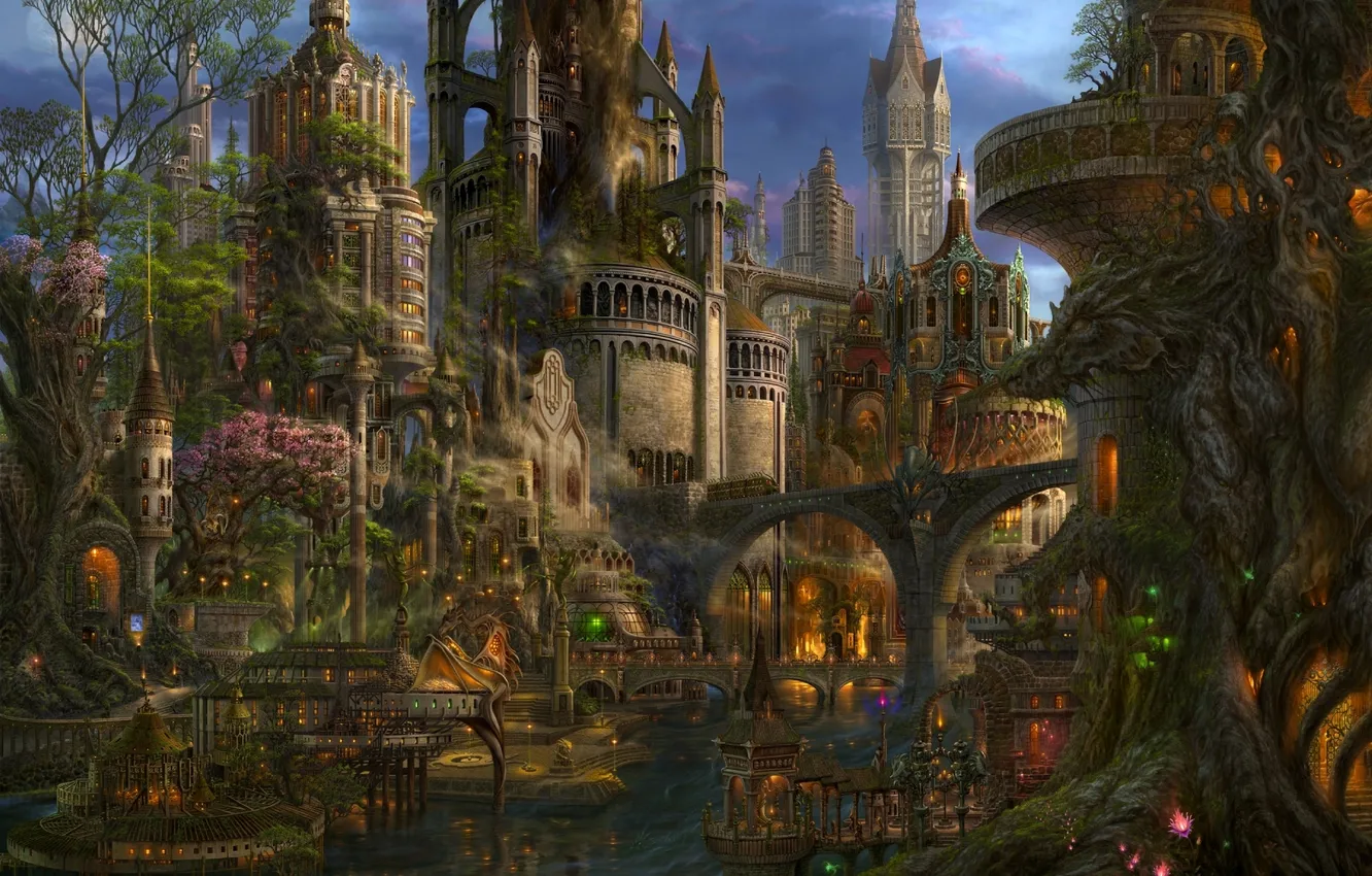 Фото обои вода, деревья, мост, город, огни, дракон, вечер, арт