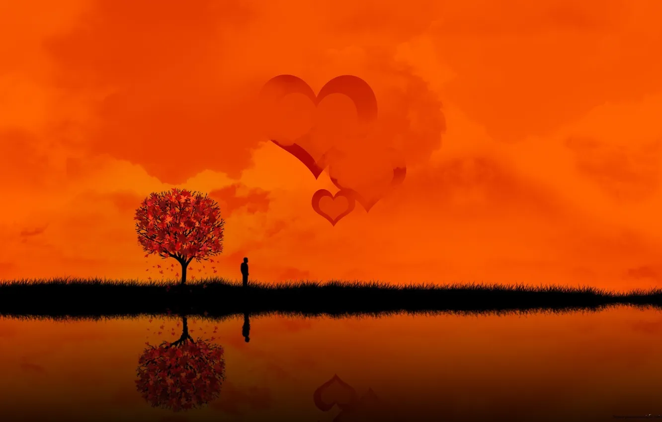 Фото обои озеро, человек, Закат, сердца, островок