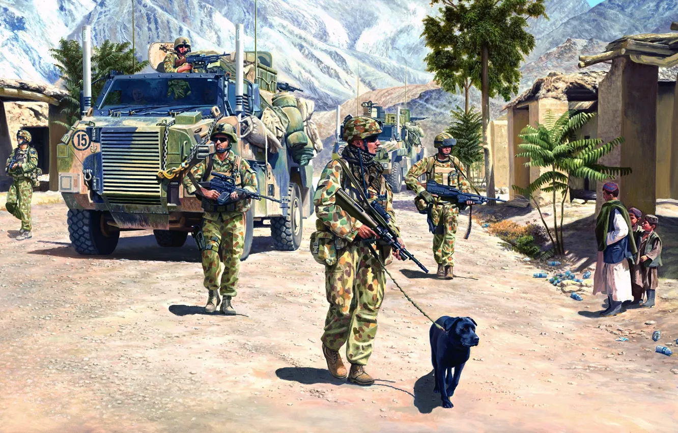 Фото обои рисунок, Австралия, Картинка, патруль, Афганистан, Australia, Бронетранспортер, Artist