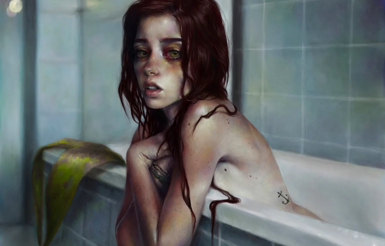Фото обои взгляд, девушка, лицо, русалка, арт, ванна, рыжая