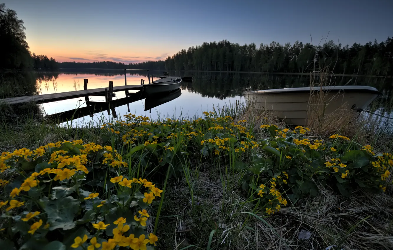 Фото обои озеро, лодки, вечер, причал, Финляндия, lake Lummenne