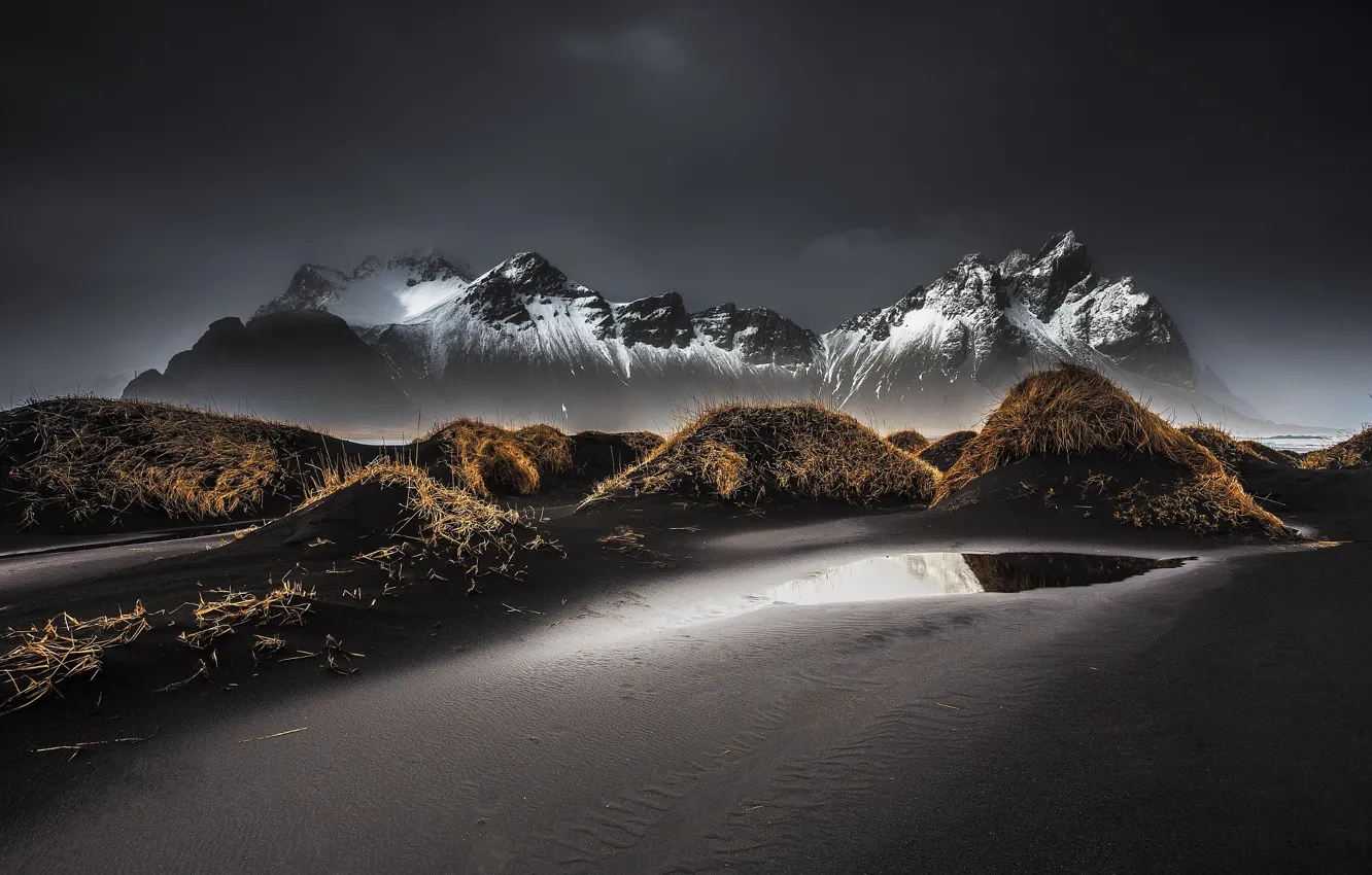 Фото обои пляж, небо, горы, тучи, Исландия, черные пески