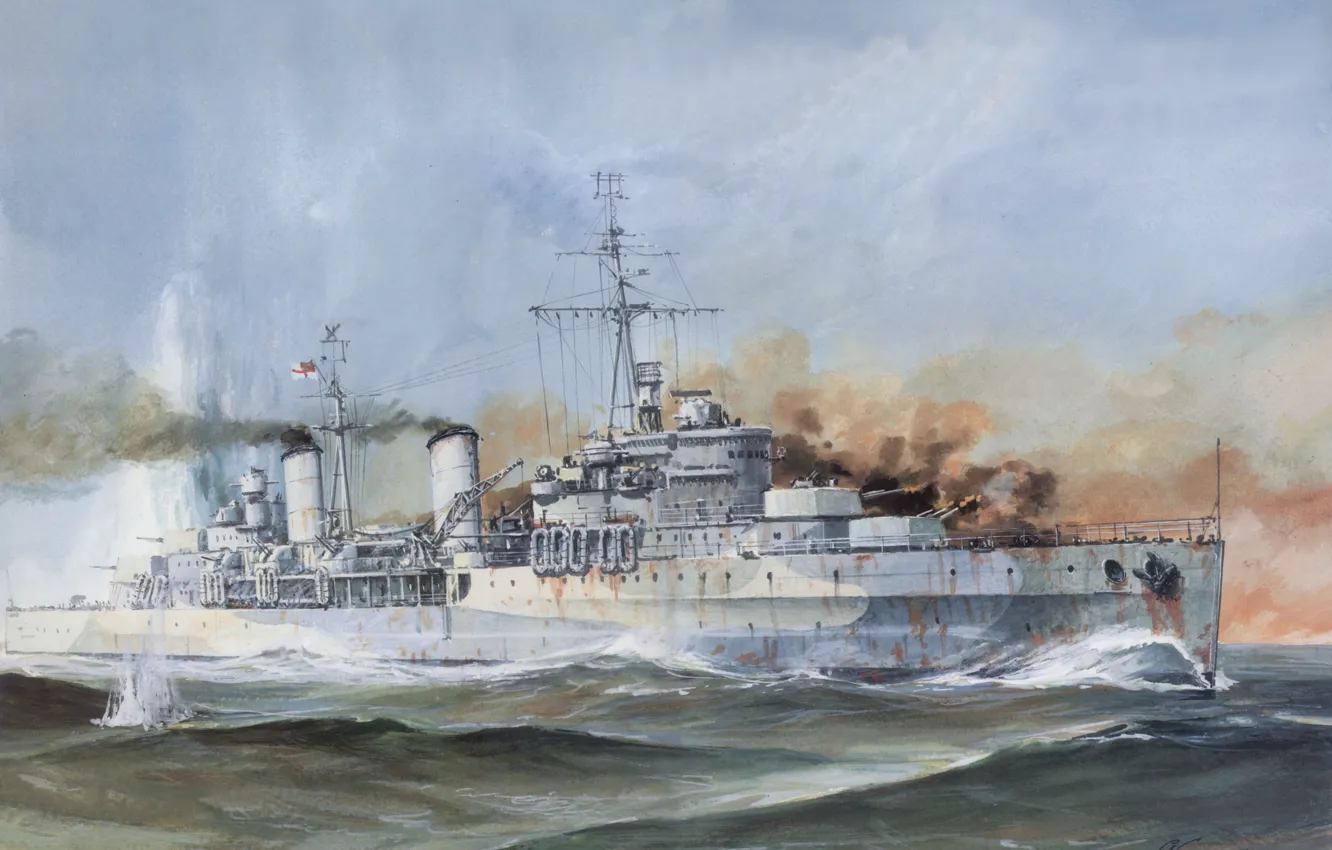 Фото обои дым, рисунок, взрывы, бой, ВМФ, морской, выстрелы, крейсер
