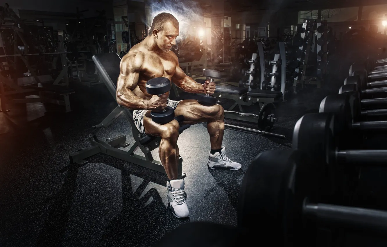 Фото обои sports, gym, athlete, bodybuilding, dumbbells, barbell
