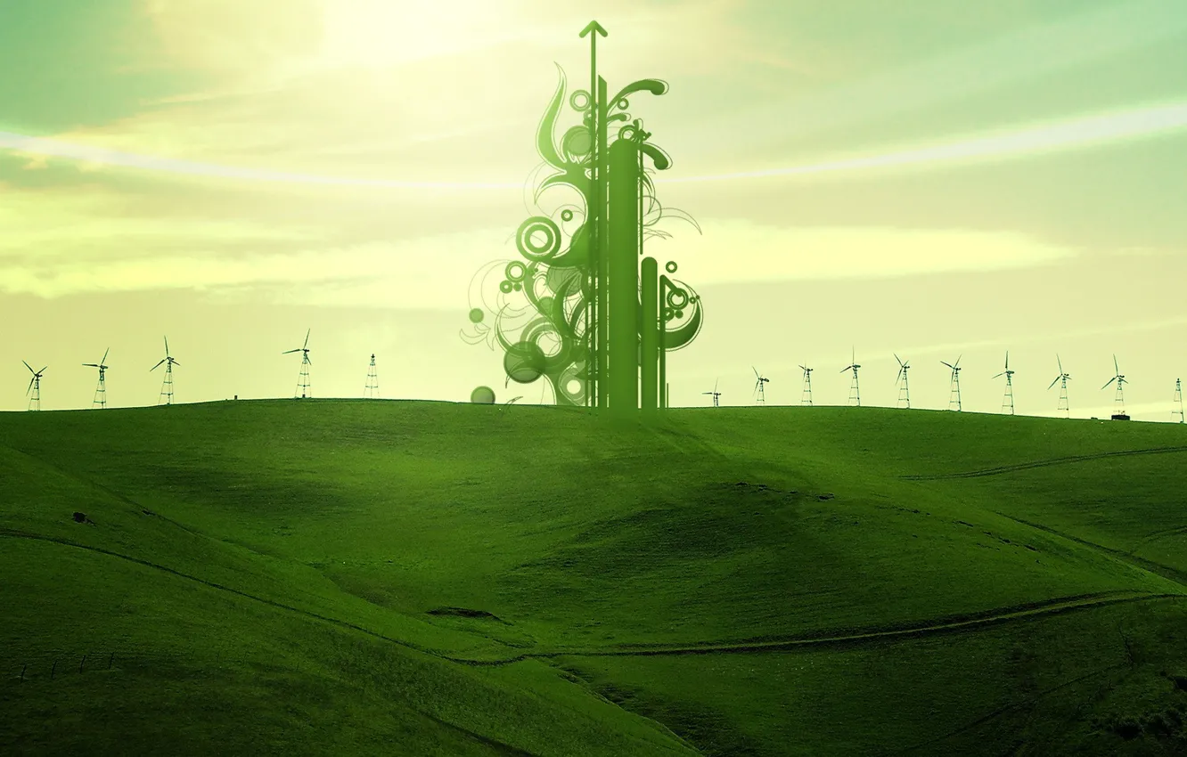 Фото обои поле, зеленый, обработка, ветряки