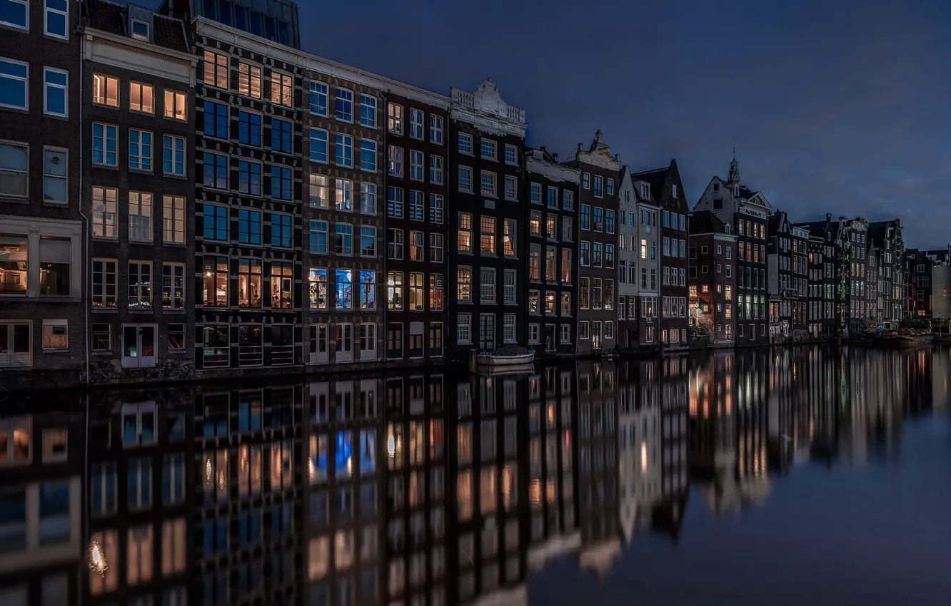 Фото обои ночь, город, Amsterdam Canal