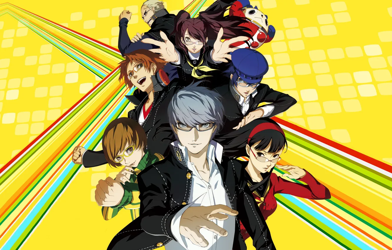 Фото обои полоски, игра, аниме, арт, персонажи, Persona 4, жёлтый фон, персона
