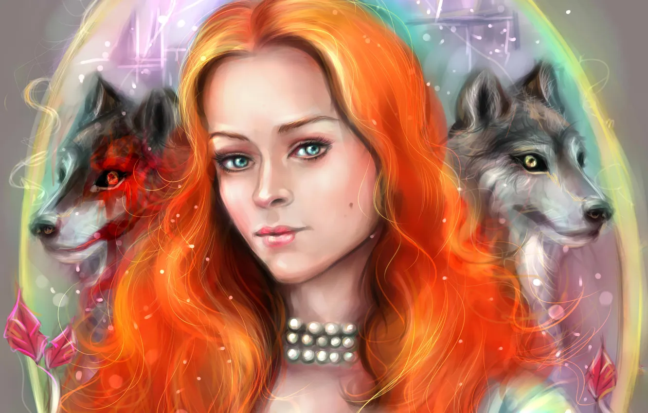 Фото обои взгляд, девушка, арт, жемчуг, волки, рыжая, Game of thrones, Песнь льда и огня