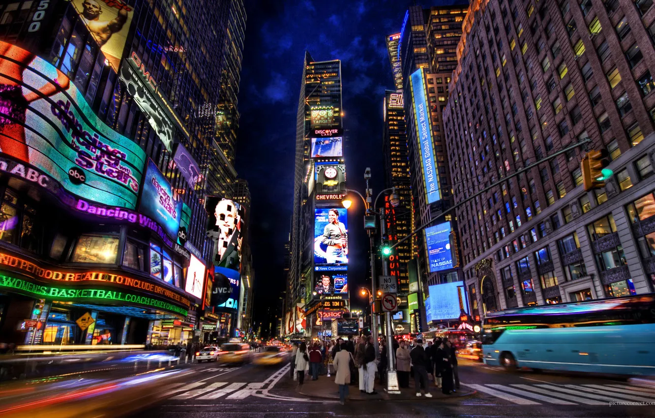 Фото обои свет, ночь, люди, улица, дома, нью-йорк, таймс, сквер