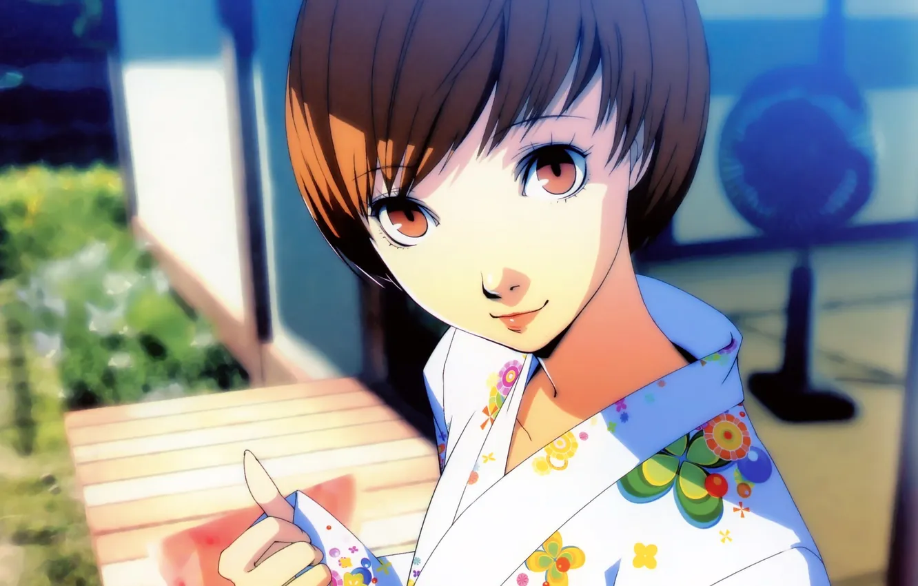 Фото обои девушка, улыбка, юката, smile, короткие волосы, persona 4, персона 4, satonaka chie
