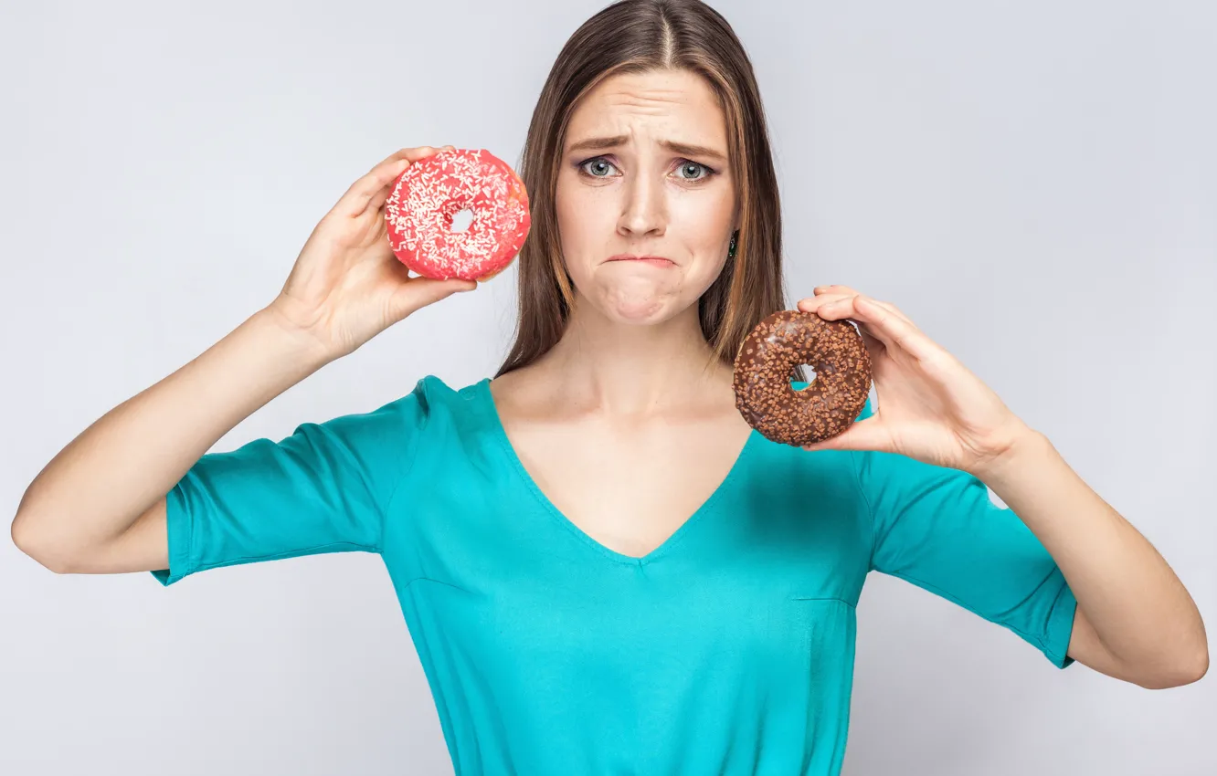 Фото обои woman, donuts, diet, sad face