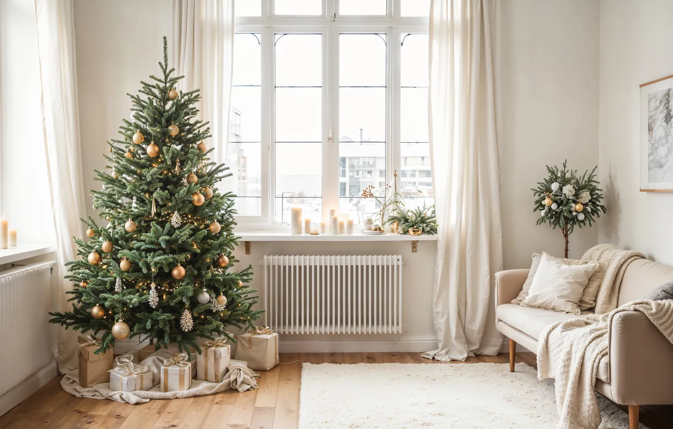 Фото обои комната, елка, интерьер, Рождество, Новый год, Christmas, view, tree