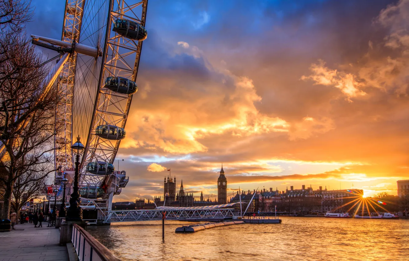 Фото обои солнце, облака, закат, city, город, река, Англия, Лондон