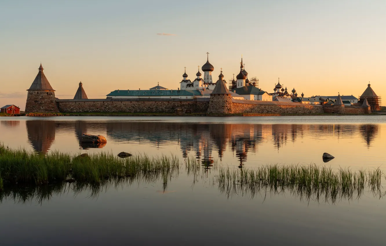 Фото обои пейзаж, природа, утро, Белое море, Соловецкий монастырь