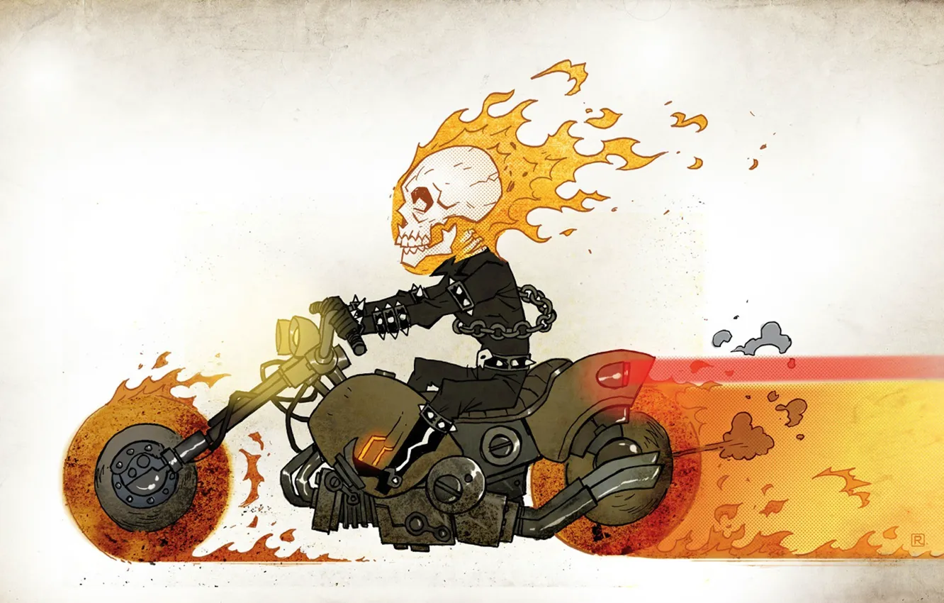 Фото обои огонь, рисунок, череп, цепь, мотоцикл, комбинезон, гонщик, комикс