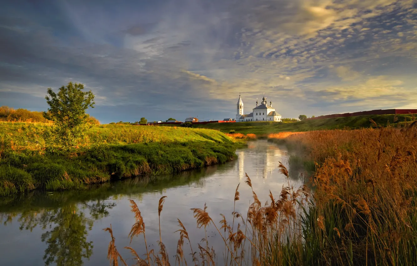 Фото обои закат, природа, река, церковь, Россия, Владимирская область