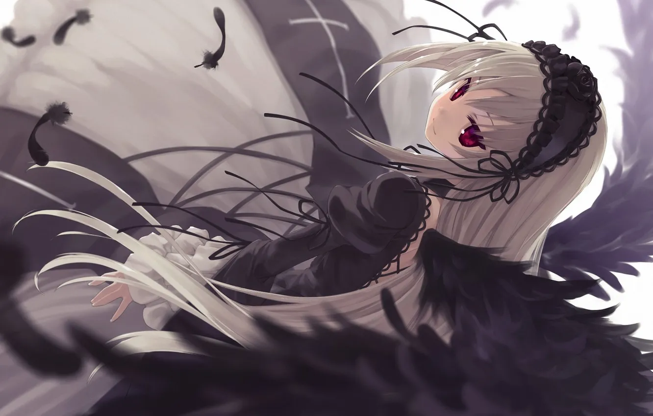 Фото обои девушка, крылья, перья, арт, rozen maiden, suigintou, sumaki shungo
