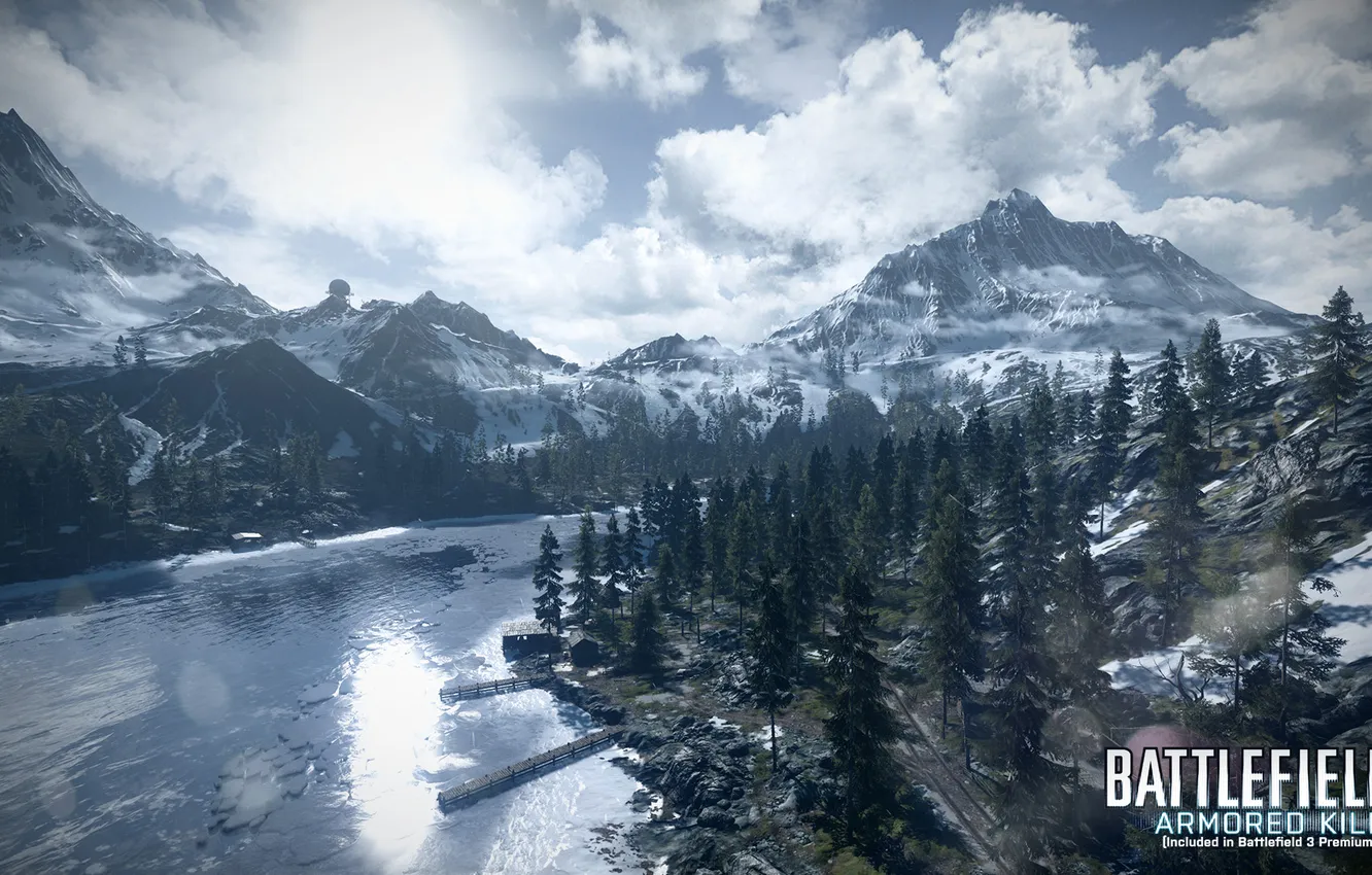 Фото обои лес, горы, озеро, Battlefield 3, premium, armored kill